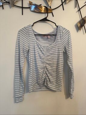 Striped Light Blue & White Ruched Long Sleeve Top